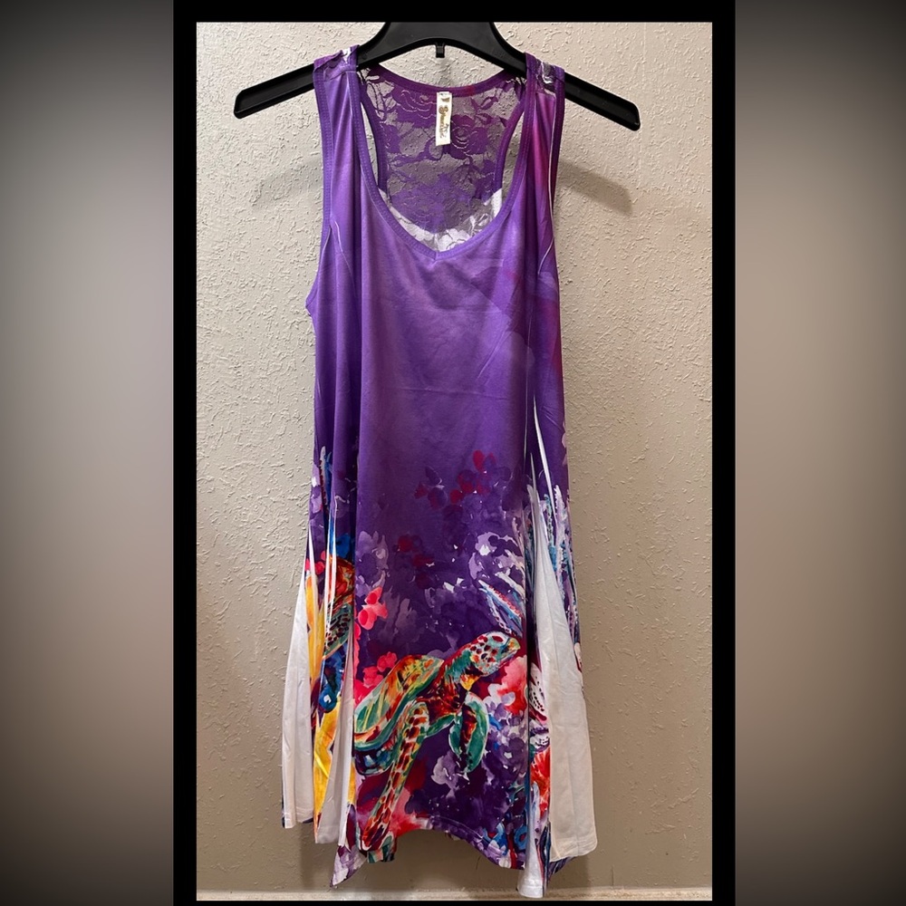 Shoreline Women’s Dress  Cute Tropical Strappy Sundress Laced Back Pleated S/M